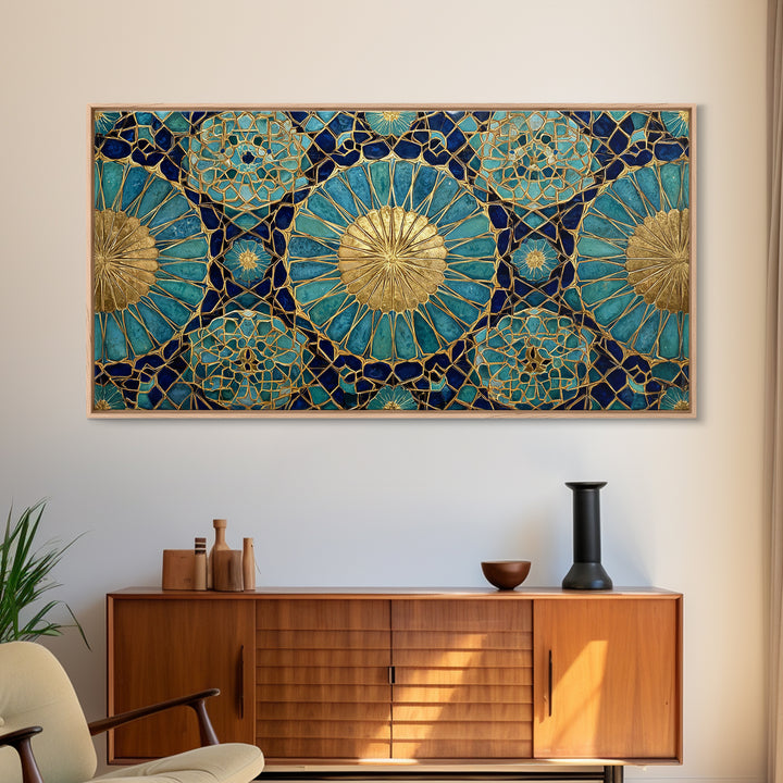 Teal And Gold Islamic Geometric Mosaic Wall Art, Moroccan Decor, Arabic Pattern Art, Spiritual Canvas Print, Luxury Home Decor