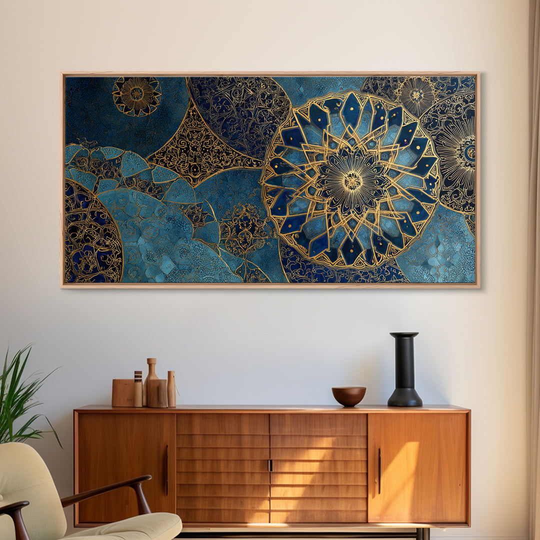 Blue Gold Islamic Mandala Wall Art, Moroccan Geometric Canvas Print, Arabic Home Decor, Large Living Room Wall Decor, Gift