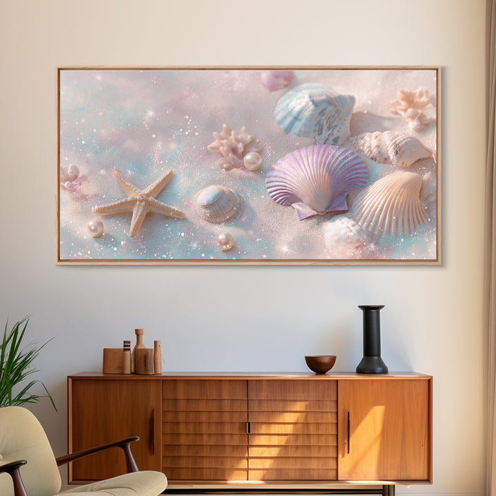 Pastel Seashells And Starfish Canvas Print, Coastal Beach Wall Art, Beach House Decor, Pastel Bathroom Decor, Ocean Nursery Gift For Her