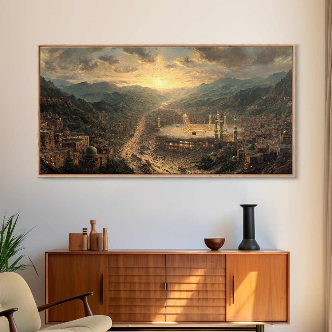 Mecca Sunset Valley And Holy Mosque Canvas Print, Islamic Wall Art, Panoramic Landscape Art For Prayer Room Decor Gift Idea