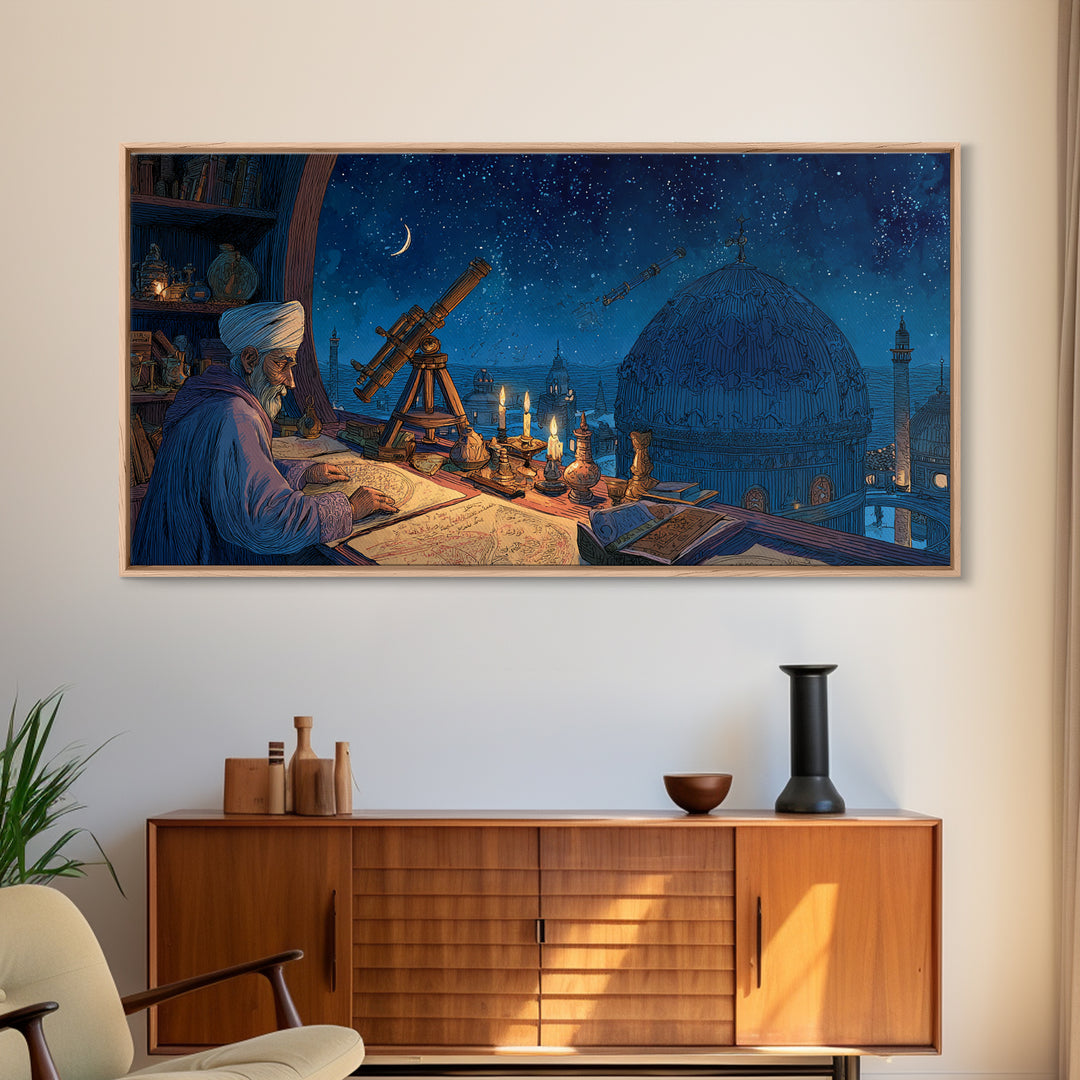 Starlit Astronomer Observatory Canvas Print, Islamic Architecture Wall Decor, Celestial Night Sky Art For Study Room And Office Decor