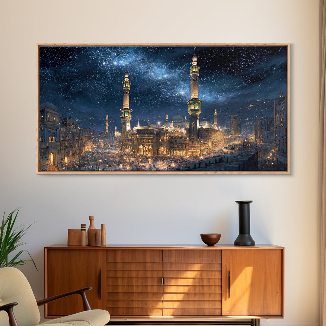 Starry Mecca Minarets At Night Wall Art, Islamic Framed Canvas Print, Celestial City Decor For Prayer Room And Living Room