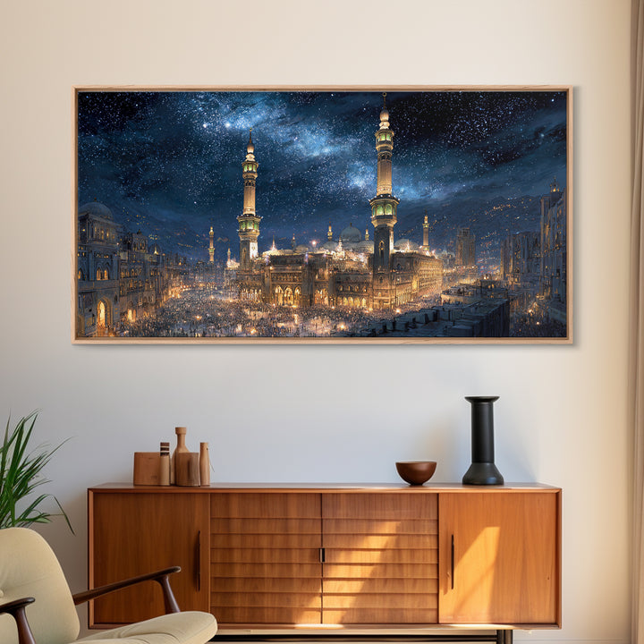Starry Mecca Minarets At Night Wall Art, Islamic Framed Canvas Print, Celestial City Decor For Prayer Room And Living Room