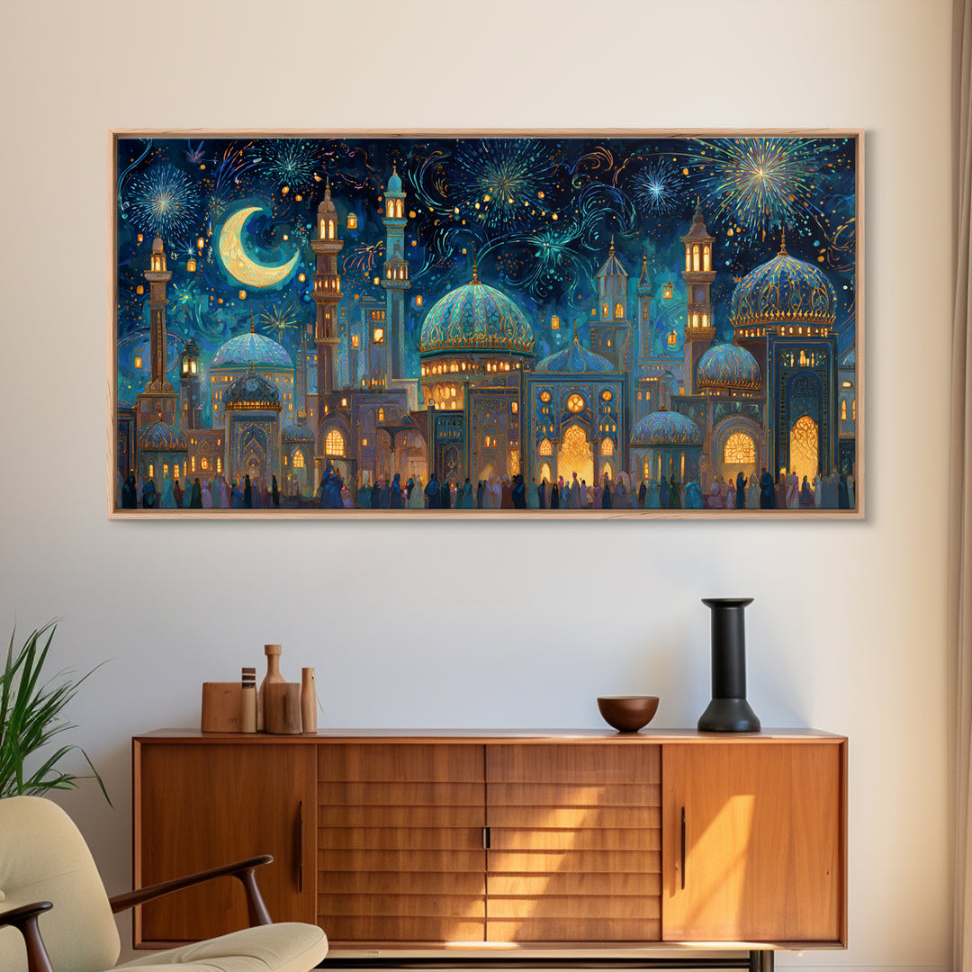 Festive Islamic City With Crescent Moon Framed Canvas Print, Ramadan Wall Art, Moroccan Decor, Eid Gift, Celestial Poster