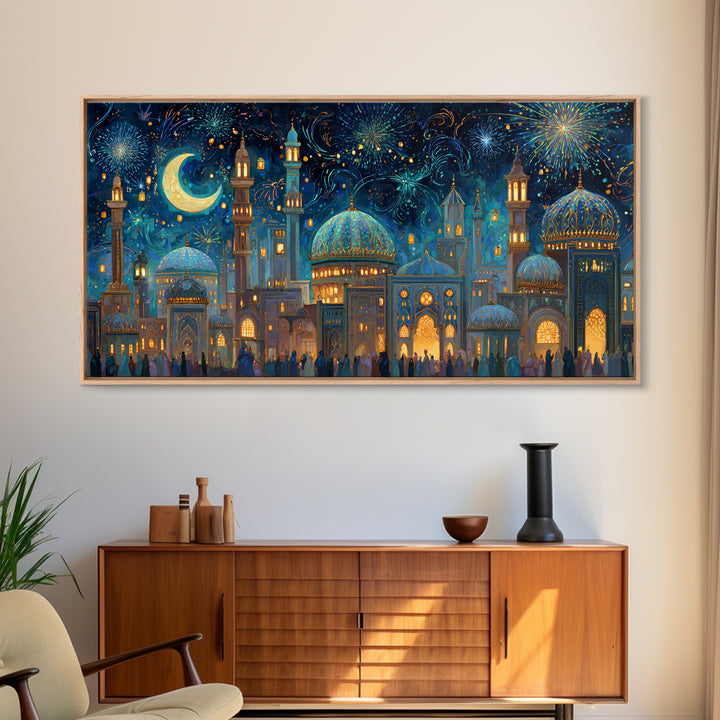 Festive Islamic City With Crescent Moon Framed Canvas Print, Ramadan Wall Art, Moroccan Decor, Eid Gift, Celestial Poster