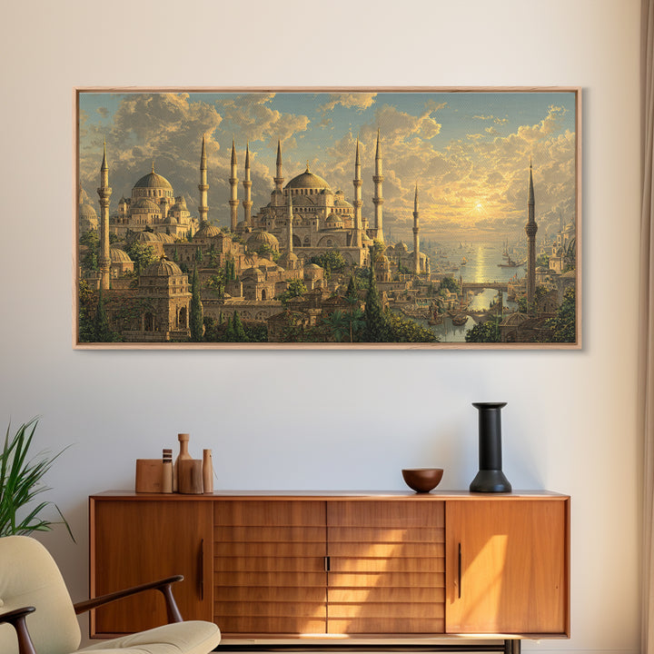 Golden Istanbul Mosque Skyline At Sunset Canvas Print, Islamic Architecture Wall Art, Travel Poster, Elegant Home Decor Gift