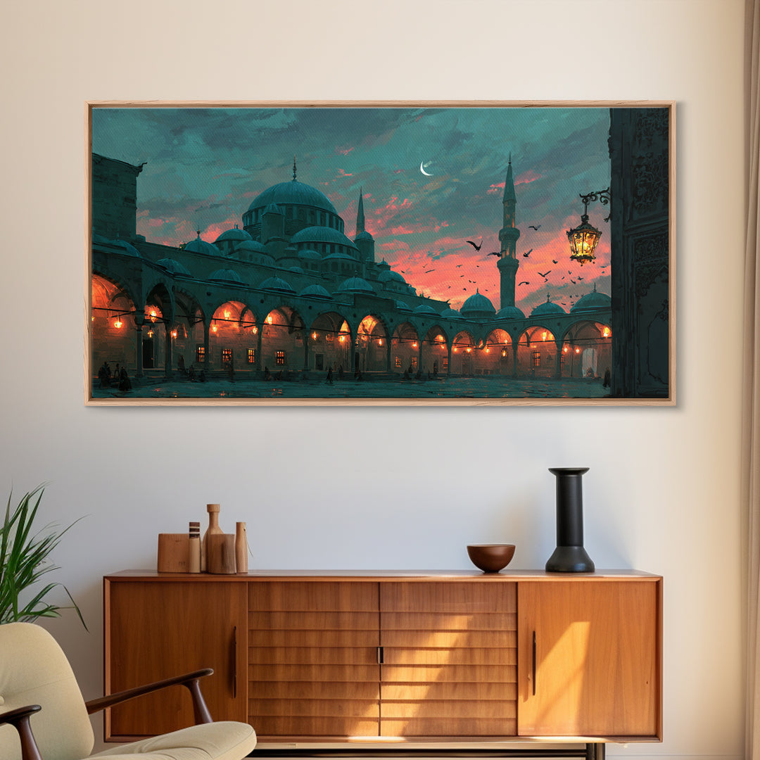 Twilight Mosque Courtyard Framed Canvas Print, Islamic Architecture Wall Art, Istanbul Travel Poster And Prayer Room Decor
