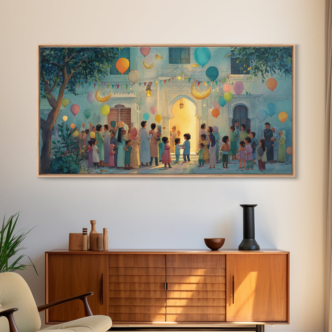 Ramadan Courtyard Celebration With Balloons Wall Art, Islamic Home Decor, Family Gathering Print, Eid Housewarming Gift Idea