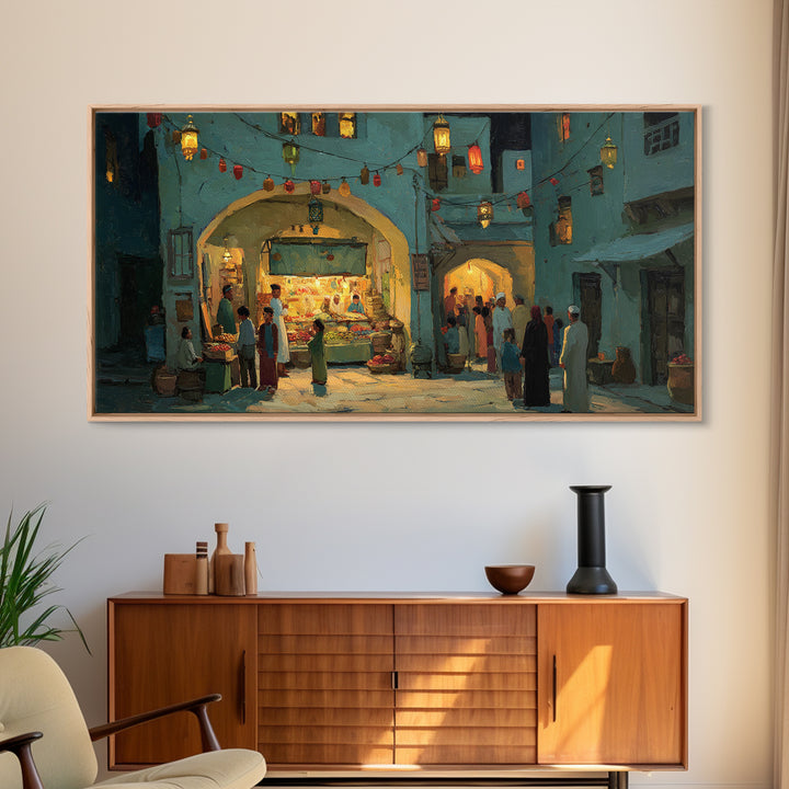 Middle Eastern Night Bazaar Wall Art, Glowing Shopfront Alley Scene, Moroccan Decor, Islamic Home Decor, Housewarming Gift