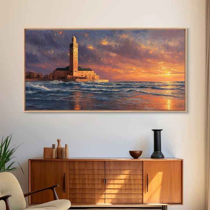 Casablanca Mosque Sunset Wall Art, Moroccan Coastal Seascape Canvas Print, Islamic Architecture, Ocean Decor For Living Room