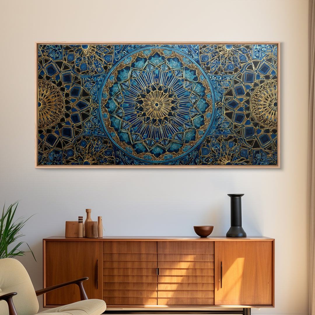 Blue Gold Islamic Geometric Wall Art, Moroccan Mosaic Canvas Print, Sacred Geometry Decor, Luxury Prayer Room Wall Decor