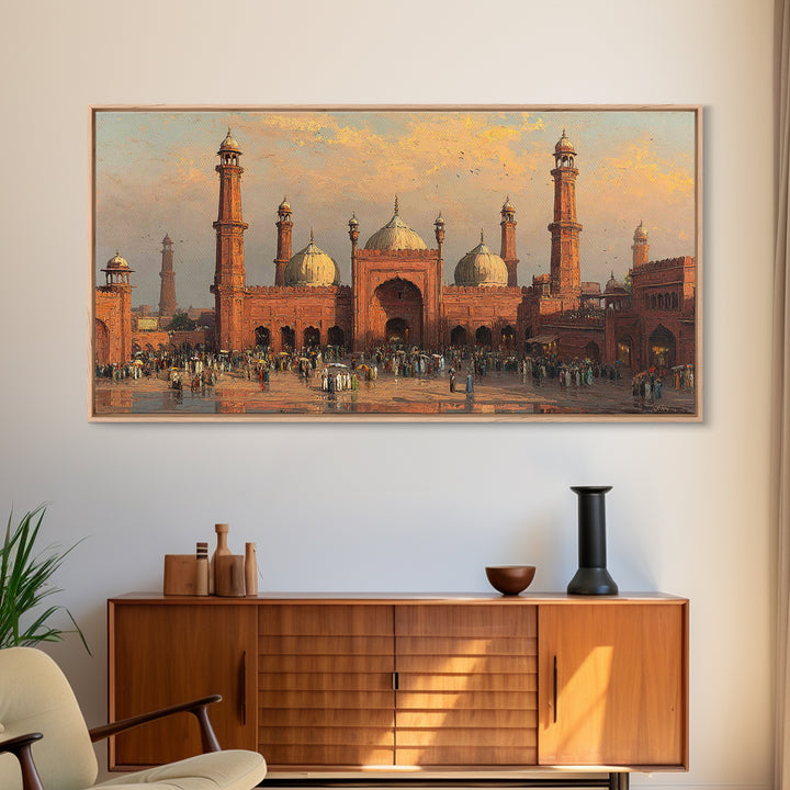 Sunset Red Mosque Courtyard With Domes Wall Art, Islamic Architecture Canvas Print, Travel Poster, Elegant Home Decor, Housewarming Gift