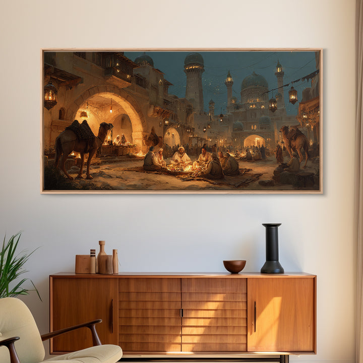 Arabian Night Market With Camels Wall Art, Middle Eastern Cityscape Canvas Print, Warm Lantern Decor, Travel Gift For Living Room