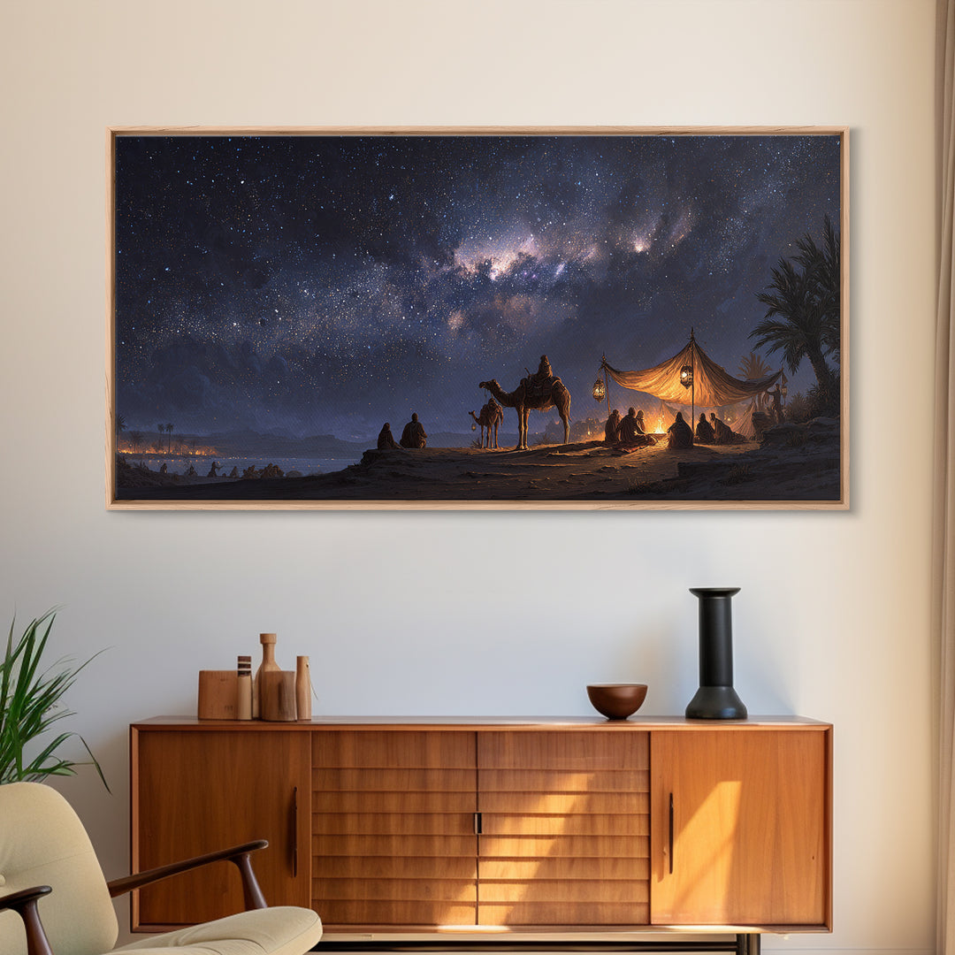 Milky Way Desert Camp Wall Art, Camel Tent Night Sky Canvas Print, Celestial Landscape, Boho Travel Home Decor Gift For Her