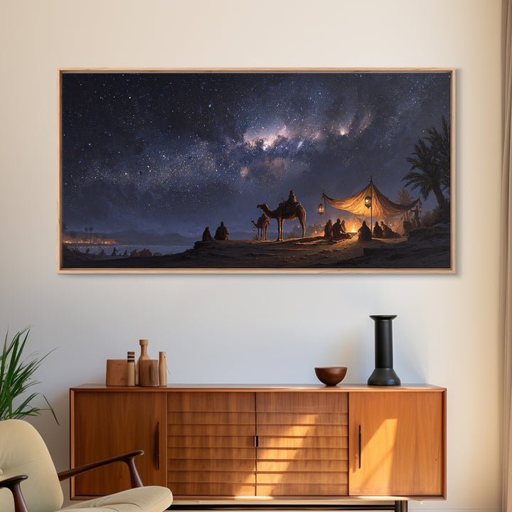 Milky Way Desert Camp Wall Art, Camel Tent Night Sky Canvas Print, Celestial Landscape, Boho Travel Home Decor Gift For Her