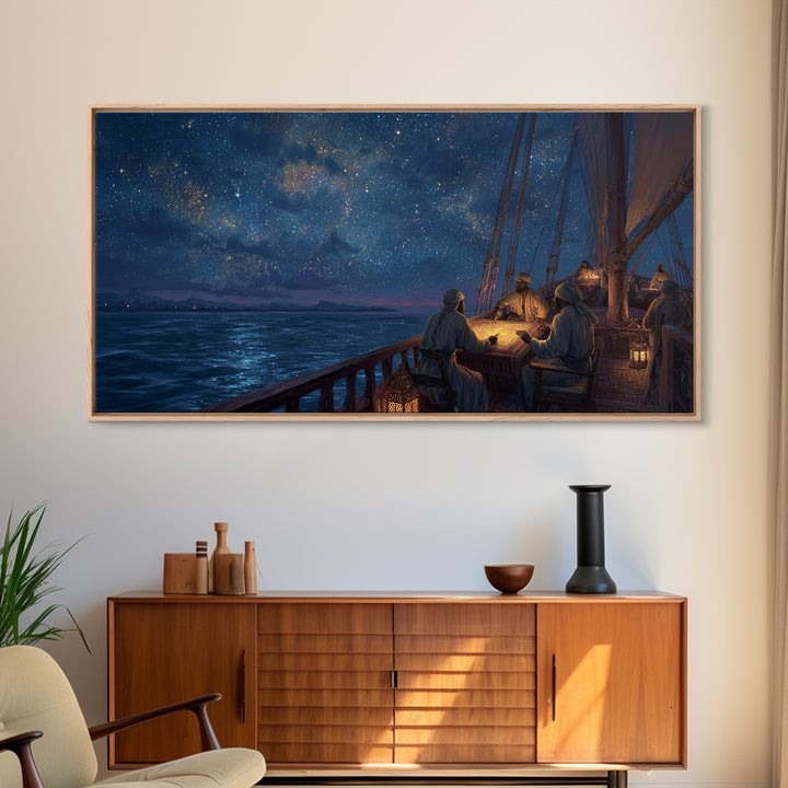 Starlit Sailing Ship Canvas Print, Nautical Night Sky Seascape, Celestial Ocean Decor, Maritime Travel Art, Gift For Him