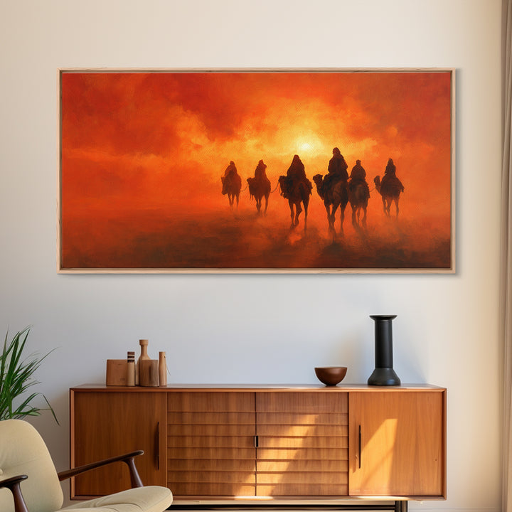 Desert Riders At Blazing Sunset Framed Canvas Print, Western Wall Art, Cowboy Landscape For Rustic Southwestern Home Decor Gift