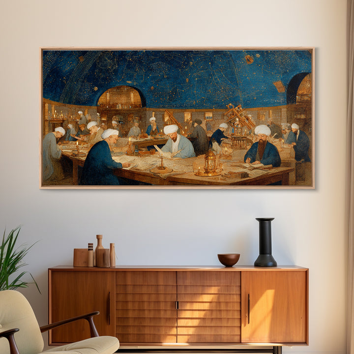 Starlit Islamic Observatory Wall Art, Scholars And Astrolabe Canvas, Arabic Astronomy Decor, Dark Academia Art Print Gift