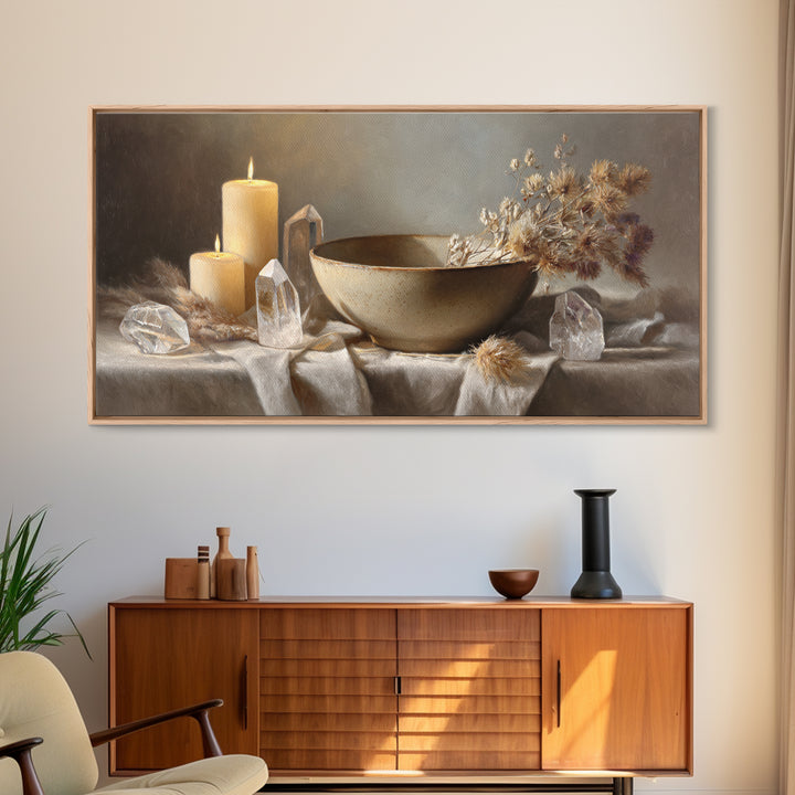 Candles Crystals And Ceramic Bowl Wall Art, Zen Spa Canvas Print, Neutral Still Life Decor, Meditation Room Housewarming Gift