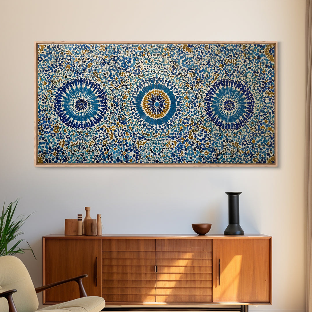 Blue Moroccan Geometric Mosaic Wall Art, Islamic Tile Pattern Canvas Print, Mediterranean Decor, Boho Home Accent Gift Idea