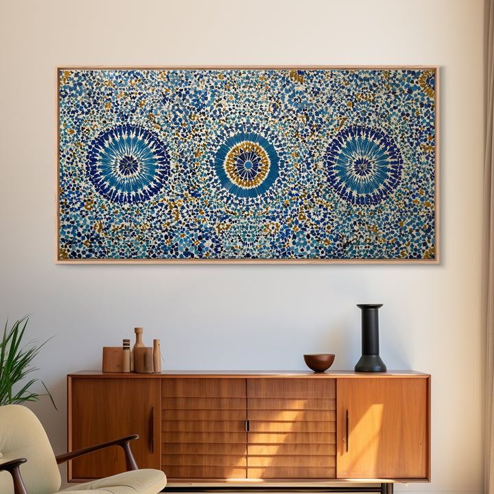 Blue Moroccan Geometric Mosaic Wall Art, Islamic Tile Pattern Canvas Print, Mediterranean Decor, Boho Home Accent Gift Idea