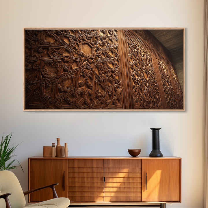 Ornate Islamic Geometric Wood Panel Framed Canvas Print, Moroccan Wall Art, Arabesque Pattern, Warm Rustic Home Decor Gift