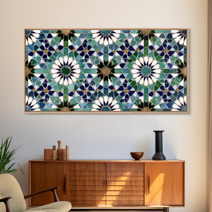 Blue Green Moroccan Tile Pattern Wall Art, Islamic Geometric Mosaic Print, Mediterranean Home Decor, Boho Wall Decor, Kitchen Decor