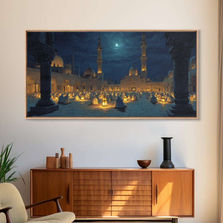 Moonlit Mosque Courtyard With Lanterns Canvas Print, Islamic Wall Art, Prayer Room Decor And Ramadan Gift Idea For Serene Home Decor