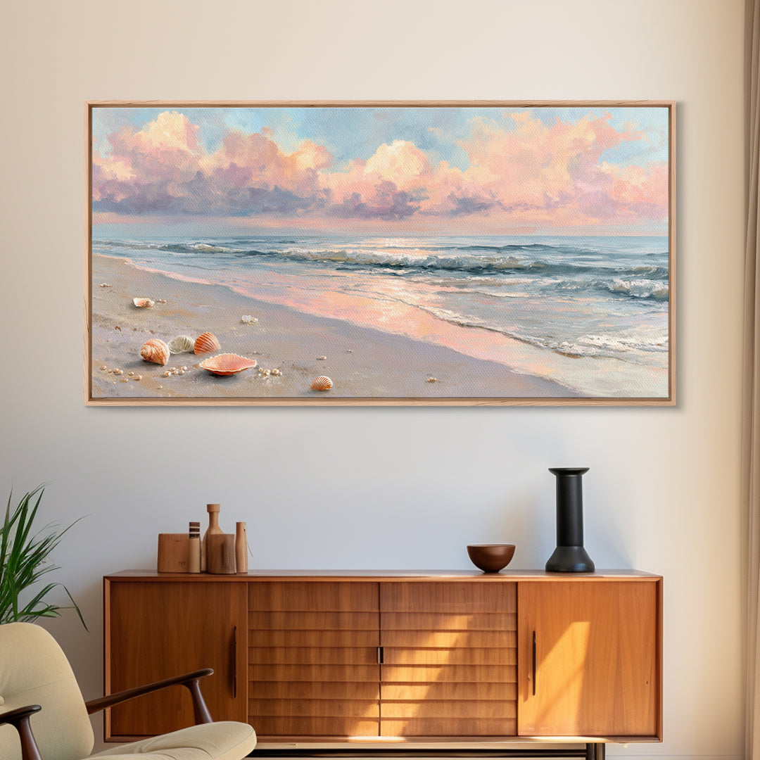 Pastel Ocean Beach Seascape Canvas Print, Coastal Wall Art, Shells And Waves Decor, Beach House Living Room Wall Decor, Gift For Her