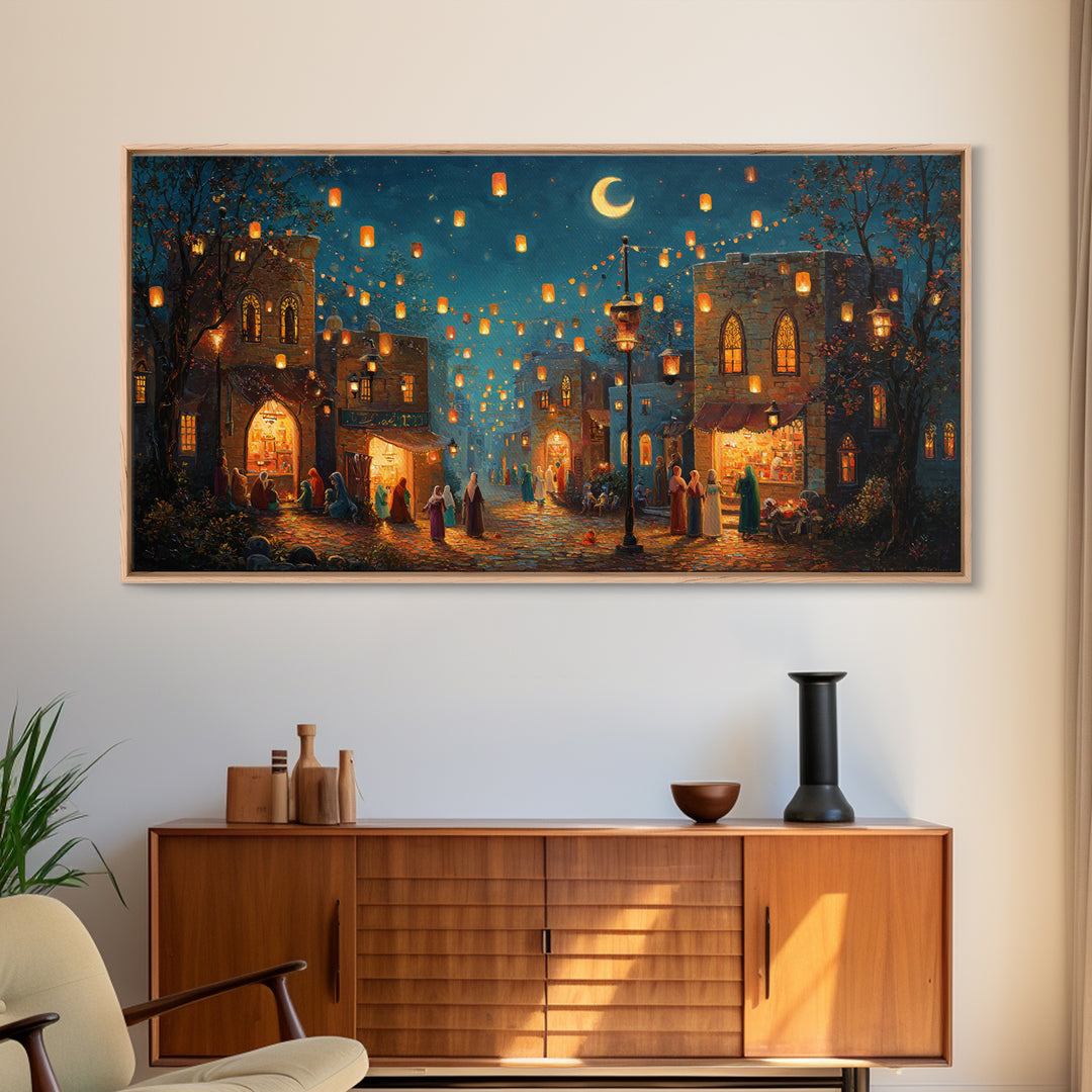 Lantern Lit Old City Bazaar Canvas Print, Crescent Moon Islamic Wall Art, Moroccan Night Market Decor And Ramadan Gift For Home Decor