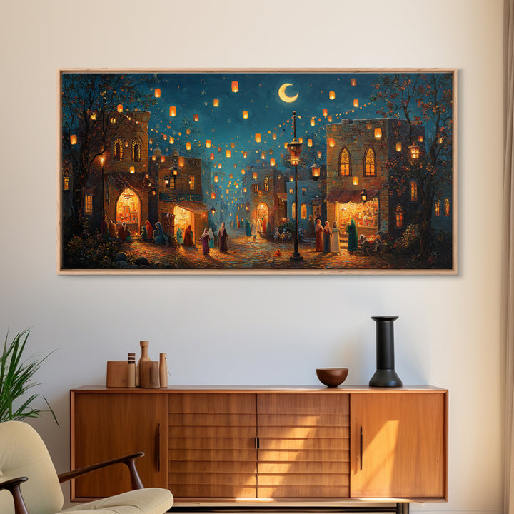 Lantern Lit Old City Bazaar Canvas Print, Crescent Moon Islamic Wall Art, Moroccan Night Market Decor And Ramadan Gift For Home Decor