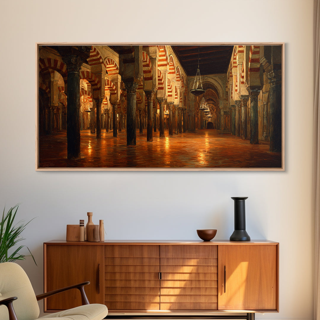 Ornate Islamic Arch Hall Wall Art, Mosque Interior Canvas Print, Moorish Architecture Decor, Warm Historical Home Wall Decor