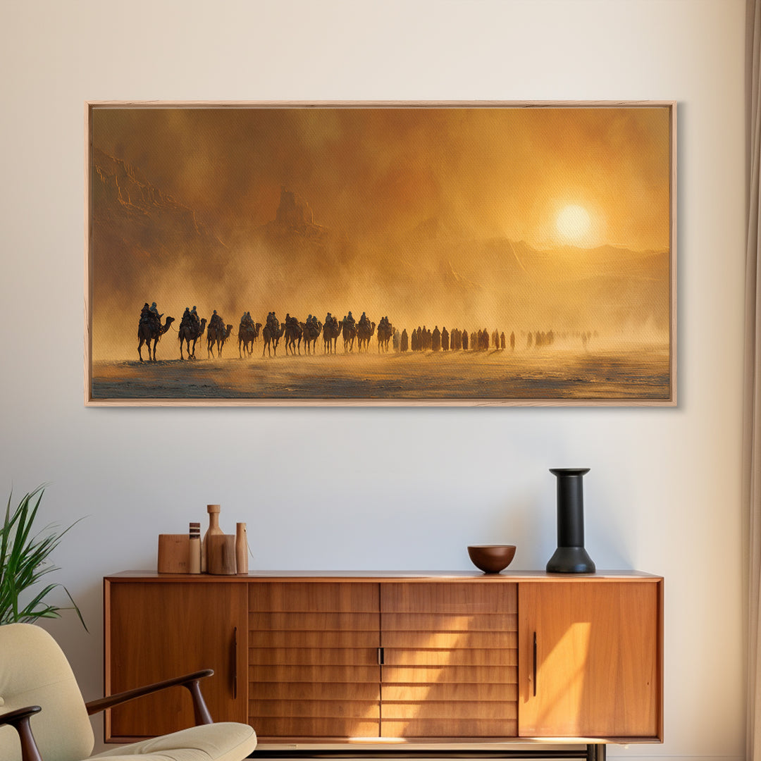 Desert Caravan At Golden Sunset Canvas Print, Western Wall Art, Southwestern Decor, Travel Poster, Warm Earth Tone Decor