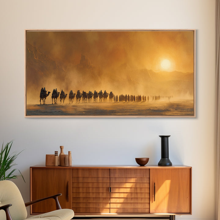 Desert Caravan At Golden Sunset Canvas Print, Western Wall Art, Southwestern Decor, Travel Poster, Warm Earth Tone Decor