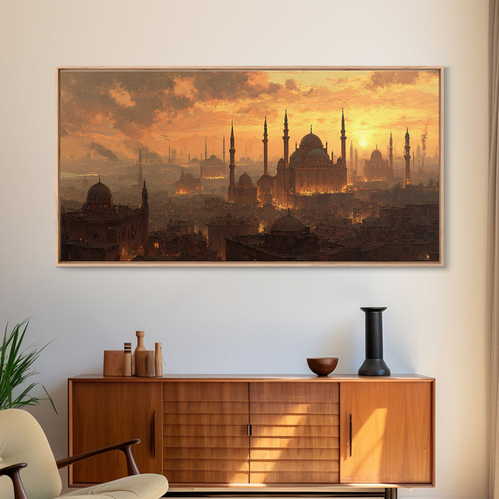 Golden Istanbul Mosque Skyline Wall Art, Islamic Architecture Canvas Print, Sunset Cityscape, Travel Inspired Living Room Decor