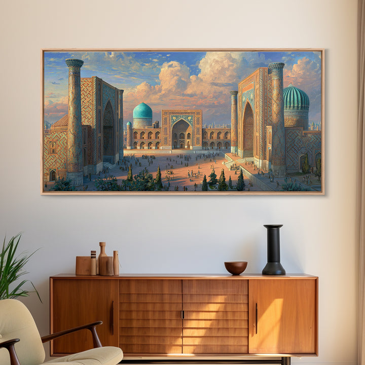 Samarkand Blue Dome Architecture Framed Canvas Print, Islamic Wall Art, Silk Road Travel Poster Home Decor Gift Idea For Him
