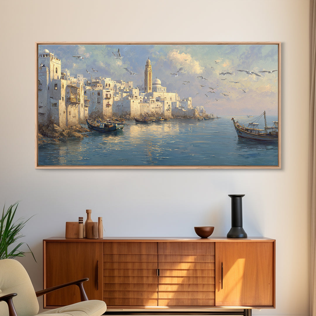 White Mediterranean Harbor With Boats And Seagulls Canvas Print, Coastal Wall Art, Italy Travel Poster, Living Room Decor