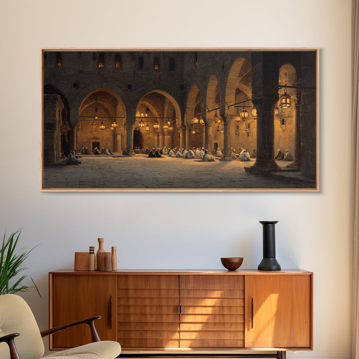 Candlelit Stone Arcade Prayer Scene Wall Art, Islamic Architecture Print, Moody Historic Decor, Large Framed Canvas, Living Room Decor