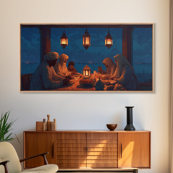 Ramadan Family Iftar By Lantern Light Wall Art, Islamic Canvas Print, Warm Spiritual Decor For Dining Room And Home, Prayer Room