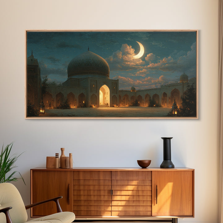 Crescent Moon Mosque Courtyard Framed Canvas Print, Islamic Wall Art, Ramadan Decor, Arabic Architecture Gift For Prayer Room Decor