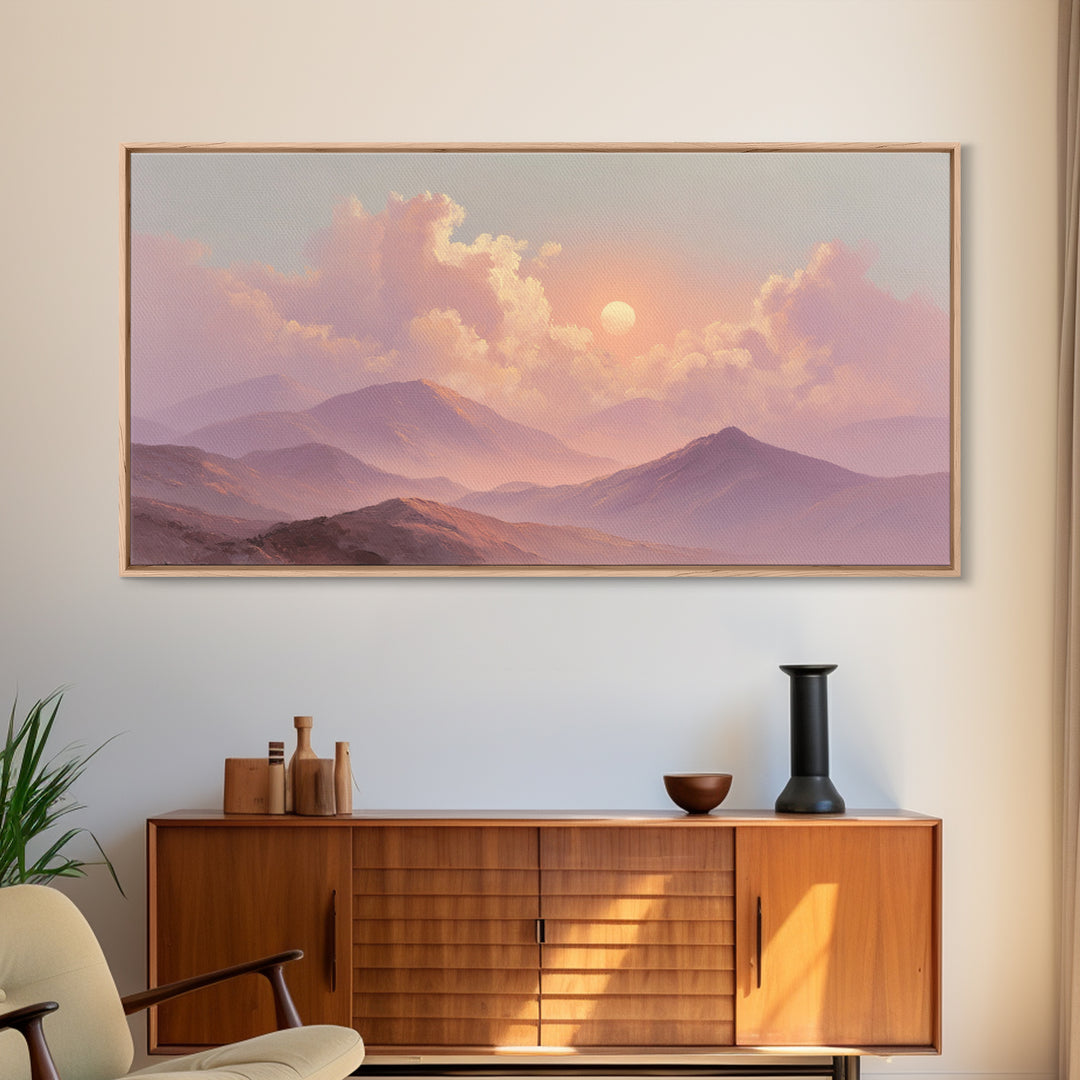 Misty Pink Mountain Sunset Wall Art, Pastel Landscape Canvas Print, Serene Nature Decor, Bedroom Above Bed Calming Wall Art