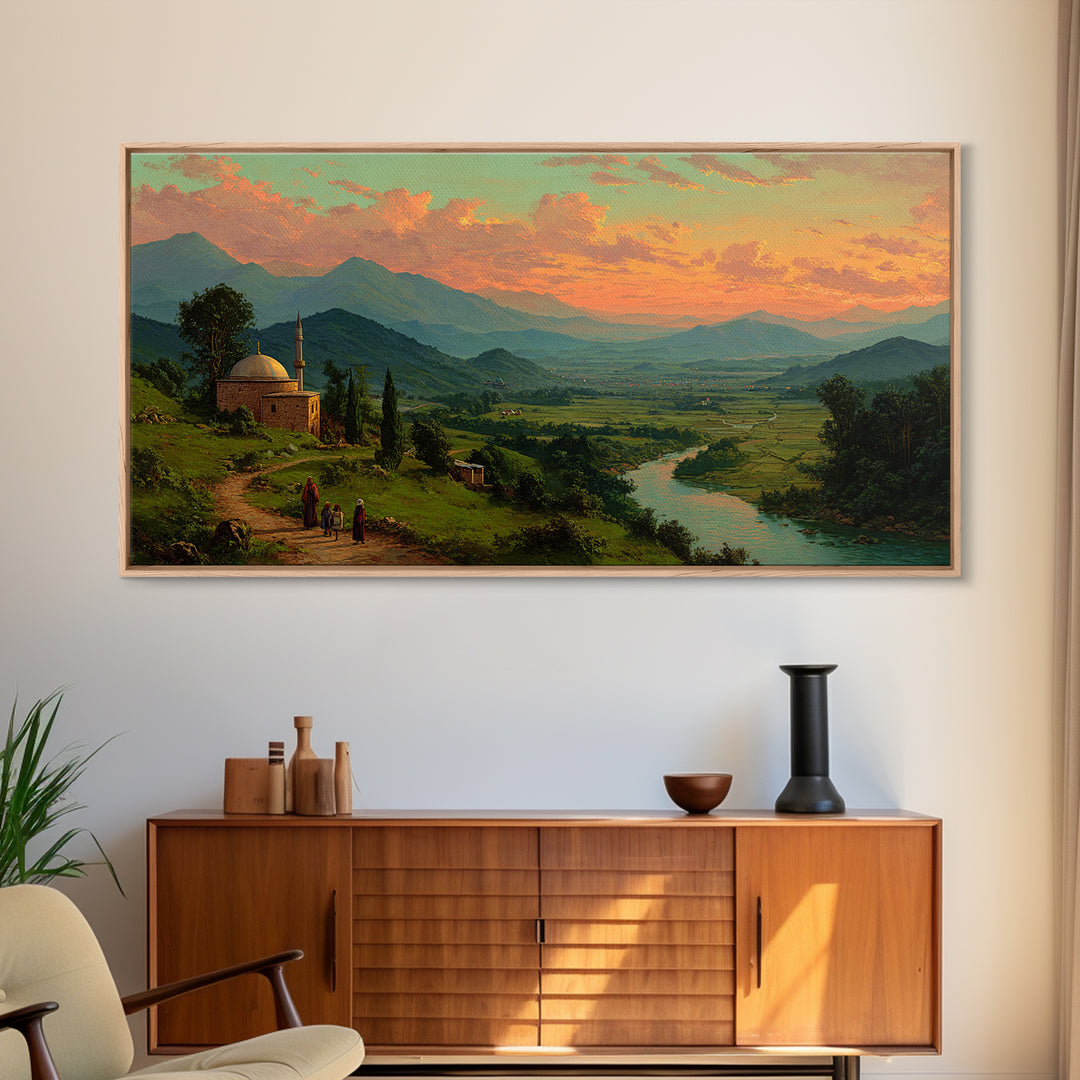 Mountain Valley Mosque At Golden Sunset Canvas Print, Panoramic Landscape Wall Art, Rustic Home Decor, Travel Poster, Fine Art Print