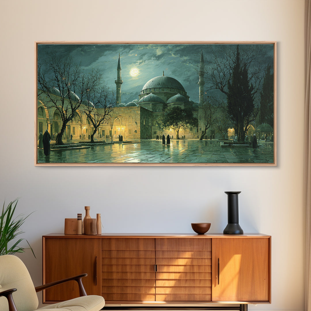 Moonlit Ottoman Mosque Wall Art, Islamic Architecture Canvas Print, Istanbul Landscape, Ramadan Decor, Elegant Home Decor