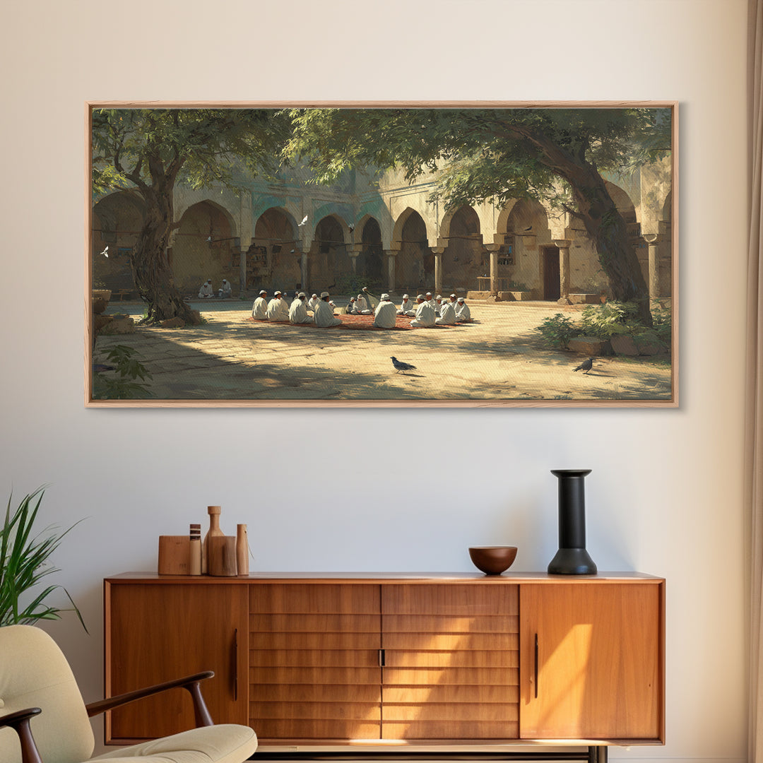 Sunlit Madrasa Courtyard Wall Art, Islamic Architecture Canvas Print, Peaceful Meditation Room Decor, Serene Travel Poster