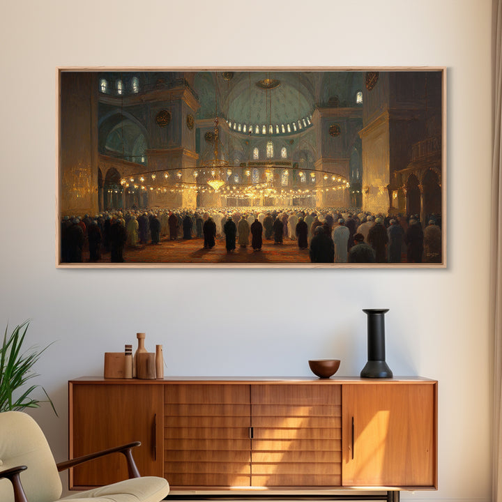 Golden Mosque Prayer Hall Interior Wall Art, Islamic Architecture Framed Canvas Print, Spiritual Decor, Eid Gift For Home