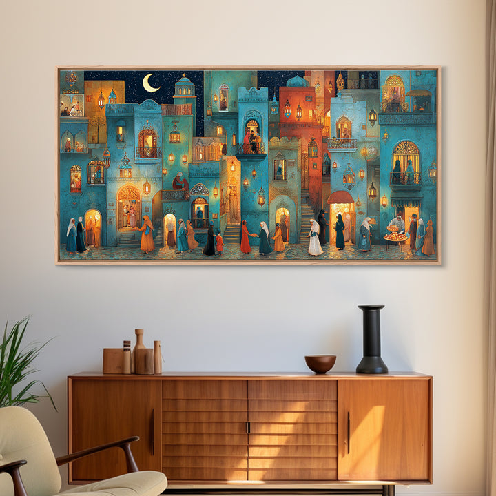 Moonlit Middle Eastern City Wall Art, Ramadan Night Canvas Print, Moroccan Decor, Islamic Home Decor, Housewarming New Home Gift