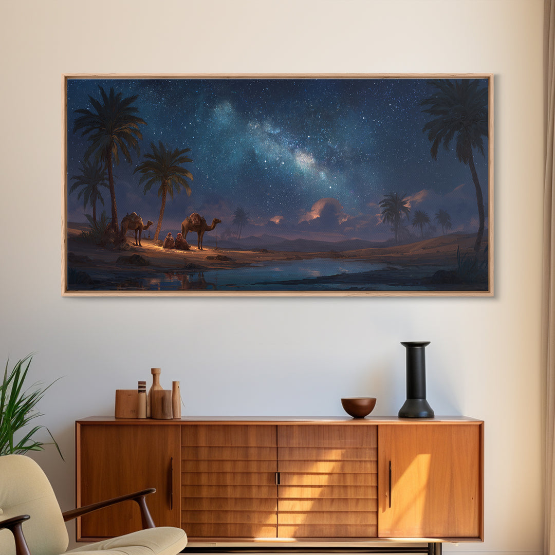 Starry Desert Oasis With Camels Wall Art, Celestial Landscape Canvas Print, Boho Travel Decor, Night Sky Gift For Him, Large Wall Decor