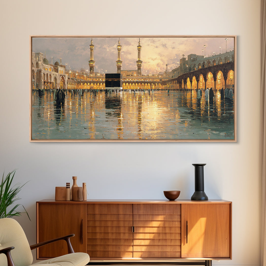 Kaaba Reflection At Masjid Al Haram Framed Canvas Print, Islamic Wall Art, Mecca Mosque Decor, Ramadan Eid Gift For Home