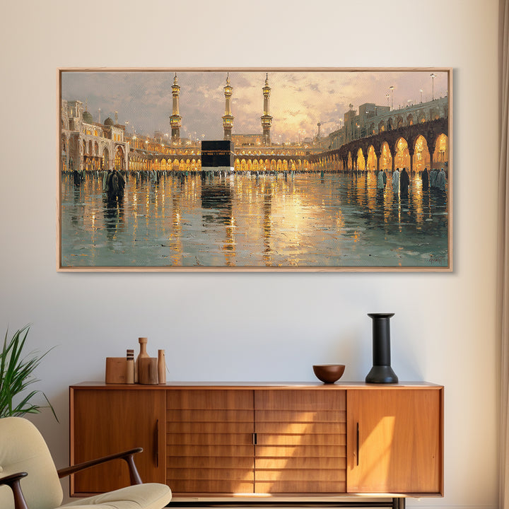 Kaaba Reflection At Masjid Al Haram Framed Canvas Print, Islamic Wall Art, Mecca Mosque Decor, Ramadan Eid Gift For Home