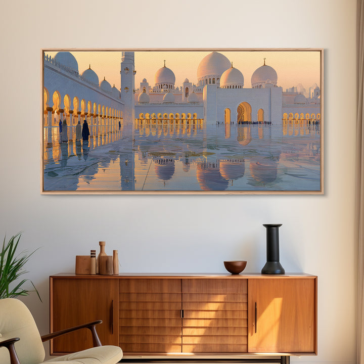 Golden Mosque Reflections Wall Art, Islamic Framed Canvas Print, Serene Architecture Decor For Prayer Room And Home, Office Decor